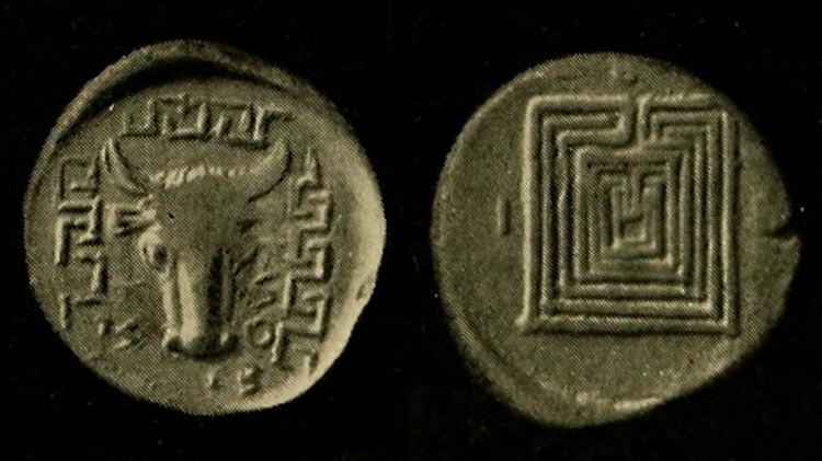 The labyrinth and the Minotaur on two coins from Knossos